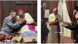 (Kiri) Betapa akrab hubungan kedua tokoh ulama Jawa Timur ini, KH M, Sholeh Bahrudin pimpinan pondok pesanteran Ngalah, Pasuruan, memantikan korek api untuk Uskup Surabaya, Agustinus Tri Budi Utomo. (Kanan) Uskup turut merayakan hari ulang tahun Mbak Sholeh, bertepatan pada tanggal 3 Mei 2025. Tangkap layar video Instagram@Ngalah.TV