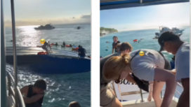 Kapal cepat The Tanis terbalik di pantai Nusa Dua, Bali, akibat dihantam ombak, Rabu 4 Mei 2025. Seluruh penumpang sebanyak 89 wisatawan asing dan Indonesia dalam kondisi selamat. Instgaram@hallo.denpasar