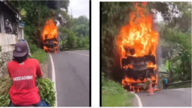 Diduga angkut ratusan bal rokok, bus PO Pahala Kencana hanya angkut tiga penumpang mengalami kebakaran di  Peterongan, Galis, Bangkalan Madura, Minggu 1 Juni 2025. Tidak ada korban jiwa, kerugian material ditaksir Rp 1,2 miliar. Tangkap layar video Instagram@bangkalanterkini