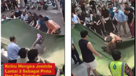 Perempuan nenek-nenek berusia 102 tahun, menggelantung beberapa saat di apartemen lantai III, sebelumnya akhirnya jatuh selamat di atas jaring yang dipasang oleh tetangganya, peristiwa terjadi di  27 Mei 2025 di Zhumadian, Provinsi Henan, Tiongkok, 27 Mei 2025. Instagram@chindomedia