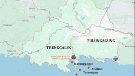 Peta wilayah Kabupaten Ttrenggalek dengan tetangganya dekatnya Tulungagung, dimana terdapat 16 pulau yang semula masuk amdinistrasi Trenggalek, namun berubah berdasakran nomenkaltur yang dikeluarkan oleh Kemendagri. Foto: rri.id