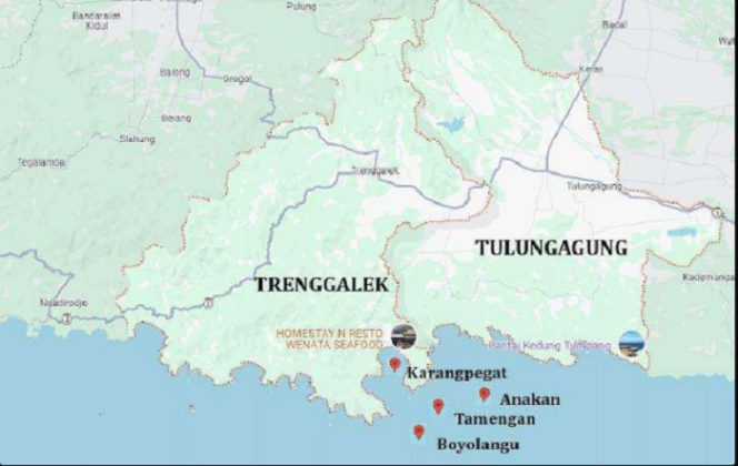
					Peta wilayah Kabupaten Ttrenggalek dengan tetangganya dekatnya Tulungagung, dimana terdapat 16 pulau yang semula masuk amdinistrasi Trenggalek, namun berubah berdasakran nomenkaltur yang dikeluarkan oleh Kemendagri. Foto: rri.id