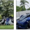 Sebuah mobil Porche biru metalik menghantam kendaraan Rush di tol Gempol-Sidoarjo, menyebabkan tujuh orang sekeluarga luka-luka, MInggu 1 Juni 2025. Tangkap layar video Instagram@ini_surabaya