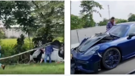 Sebuah mobil Porche biru metalik menghantam kendaraan Rush di tol Gempol-Sidoarjo, menyebabkan tujuh orang sekeluarga luka-luka, MInggu 1 Juni 2025. Tangkap layar video Instagram@ini_surabaya