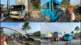 Inilah kondisi mobil, motor yang mengalami kecelakaan di perempatan lampu merah Exit Tol Purwodadi, terjadi karena truk wingbox dengan nomor polisi B-9495-UEU diduga mengalami rem blong saat melaju dari arah Malang menuju Surabaya. Foto: portalarjuno.net