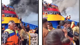 Ratusan penumpang di atas kapal KM Gregorius  Barcelona V mengalami kepanikan, akibat mesin kapal terbakar, Minggu siang 20 Juli 2025. Foto: tangkap layar video instagram@unsrat