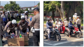 Operasi Semeru 2025 di perempatan Kebon Rojo Jombang, berubah menjadi kebahagiaan, ternyata petugas Poltanas malah bagi-bagi 50 bingkisan snack, 20 helm, dan 5 jas hujan, dilaksanakan Rabu 23 Juli 2025. Foto: kolase Instagram@jombanginformasi_