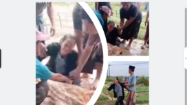 Istri Mujib, 40, menangis meraung-raung, melihat jasad suaminya meninggal disambar petir, Minggu 6 Juli 2025, terjadi saat korban berada di sawah transaksi bibit padi, saar itu sedang hujan dan petir. Instagram@sampangterkini