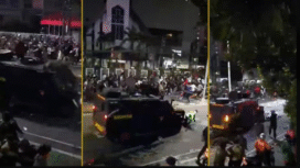 Detik-detik, kendaraan taktis (Rantis) Brimob melaju kencang, mendiang Affdan Kurniawan menyeberang, terjadilan insiden korban dilindas kendaraan rantis, saat aksi demo di kawasan Pejompongan, Jakarta, Kamis malam 28 Desember 2025. Foto: tribunnews.com