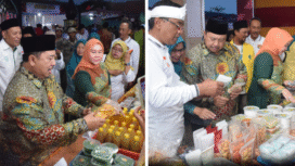 Bupati Jombang Warsubi bersama istri, Ny Yuliati Nugrahani yang juga Ketua Penggerak PKK, tengah mengamit produk-produks UMKM Jombang  pada acara Gelar Potensi Desa dan Pasar Rakyat Kecamatan Bandarkedungmulyo di Lapangan Kecamatan Bandarkedungmulyo, pada Rabu, 20 Agustus 2025. Foto: Diskominfo Jombang