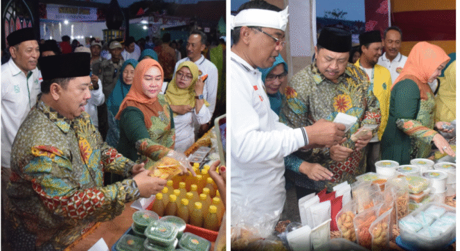 
					Bupati Jombang Warsubi bersama istri, Ny Yuliati Nugrahani yang juga Ketua Penggerak PKK, tengah mengamit produk-produks UMKM Jombang  pada acara Gelar Potensi Desa dan Pasar Rakyat Kecamatan Bandarkedungmulyo di Lapangan Kecamatan Bandarkedungmulyo, pada Rabu, 20 Agustus 2025. Foto: Diskominfo Jombang