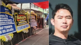 Karangan bunga tanda duka cita di rumah mendiang kepala cabang pembantu BRI Jakarta, Muhammad Ilham Pradipta. Foto: kolase
