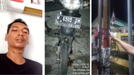 (Kiri) Korban Mucahamd Agus Susanto dengan luka jerat di leher, saat ini sedang menjalani perawatan di RSUD Jombang, akibat lehernya terjerat kabel Wifi yang menjuntai di jalanan depan kantor desa Dukuharum, Megaluh, Jombang, Selasa 19 Agustus 2025. (tengah) motor korban, (kiri) Kabel wifi di tiang di depan kantor desa Dukuharum. Foto: Dok/warga