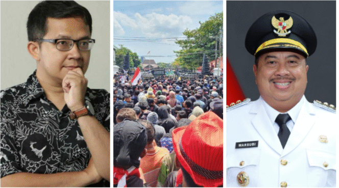 
					(Kiri) Dosen GUM dan pengamata Agung Baskoro, (Tengah) Gerakan massa di Pati, (Kiri) Bupati Jombang. Foto: Kolase 