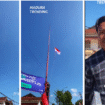 Moch Rofiq, pemuda warga Sumenep, madura, melakukan aksi penurunan bendera PDI-P, kemudian diganti dengan Bendera Merah Putih, dilakukan  Kamis 14 Agustus 2025. Foto: kolase Instagram@maduratrending