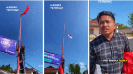 Moch Rofiq, pemuda warga Sumenep, madura, melakukan aksi penurunan bendera PDI-P, kemudian diganti dengan Bendera Merah Putih, dilakukan  Kamis 14 Agustus 2025. Foto: kolase Instagram@maduratrending