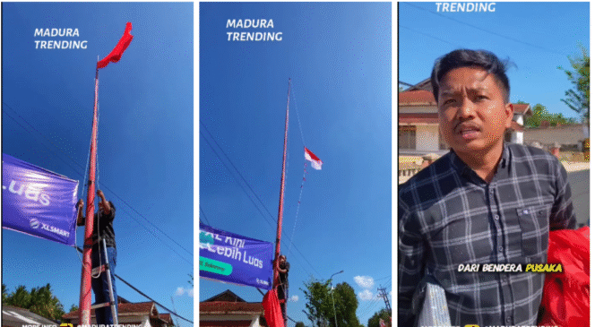
					Moch Rofiq, pemuda warga Sumenep, madura, melakukan aksi penurunan bendera PDI-P, kemudian diganti dengan Bendera Merah Putih, dilakukan  Kamis 14 Agustus 2025. Foto: kolase Instagram@maduratrending