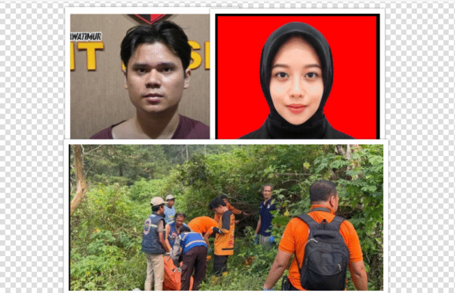 
					(Kiri) Tersangka Alvi Maulana, 24, seorang mahasiswa PTS di Bangkalan, Madura, asal Labuhan Batu, Sumataera Utara. (Kanan) Tiara Anjelina Saraswati, satu kampus dengan tersangka, warga Made, Lamongan. (Bawah) Saat petugas kepolisian melakukan pencarian ceceran tubuh korban di kawasan Pacet, Mojokerto, Sabtu 6 September 2025. Foto: Kolase