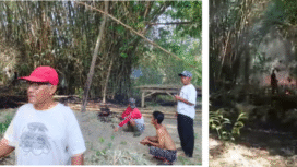 Terjadi kebakaran sampah merembet ke rerumputan dan batang bambu,  Pandanwangi, Diwek, Jombang, Minggu (7/9/2025) pagi, kejadian nyaris merenggut nyawa Bonadji Hadi Prayitno (78). Foto: Damkar_Pemkab_Jombang