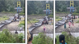 Jembatan gantung yang membentang di atas sungai 11 X 4 meter putus. Lokasi di Dusun Penyapu, Desa Galumpang, Kecamatan Dakopemean, Kabupaten Tolitoli, Sulawesi Tengah, putus saat dilewati rombongan pengantin, Minggu, 7 September 2025, sore hari. Foto: Kolase Instagram@info_newsantara