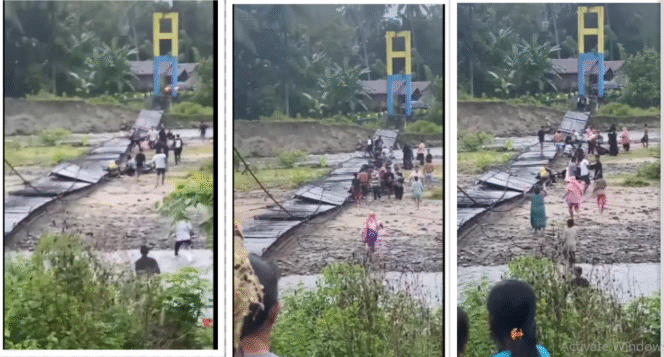 
					Jembatan gantung yang membentang di atas sungai 11 X 4 meter putus. Lokasi di Dusun Penyapu, Desa Galumpang, Kecamatan Dakopemean, Kabupaten Tolitoli, Sulawesi Tengah, putus saat dilewati rombongan pengantin, Minggu, 7 September 2025, sore hari. Foto: Kolase Instagram@info_newsantara