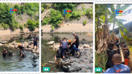 Beginilah proses anggota BPBD Mojokerto melakukan  evakuasi motor korban terlibat kecelakaan tunggal yang terjebur sungai di Desa Puloniti, Kecamatan Bangsal, Kabupaten Mojokerto, Selasa (16/9/2025) pagi. Foto: tangkap layar video Instagram@kabarterdepanmojokerto
