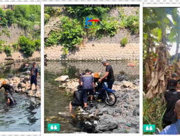 Beginilah proses anggota BPBD Mojokerto melakukan  evakuasi motor korban terlibat kecelakaan tunggal yang terjebur sungai di Desa Puloniti, Kecamatan Bangsal, Kabupaten Mojokerto, Selasa (16/9/2025) pagi. Foto: tangkap layar video Instagram@kabarterdepanmojokerto
