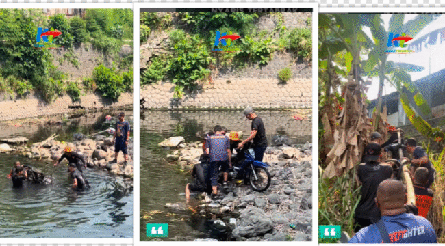 Beginilah proses anggota BPBD Mojokerto melakukan  evakuasi motor korban terlibat kecelakaan tunggal yang terjebur sungai di Desa Puloniti, Kecamatan Bangsal, Kabupaten Mojokerto, Selasa (16/9/2025) pagi. Foto: tangkap layar video Instagram@kabarterdepanmojokerto
