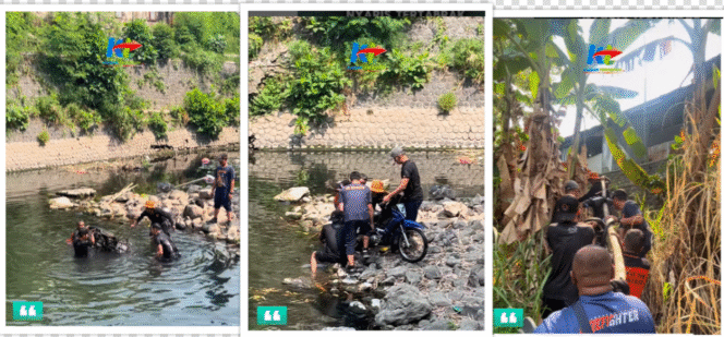 
					Beginilah proses anggota BPBD Mojokerto melakukan  evakuasi motor korban terlibat kecelakaan tunggal yang terjebur sungai di Desa Puloniti, Kecamatan Bangsal, Kabupaten Mojokerto, Selasa (16/9/2025) pagi. Foto: tangkap layar video Instagram@kabarterdepanmojokerto
