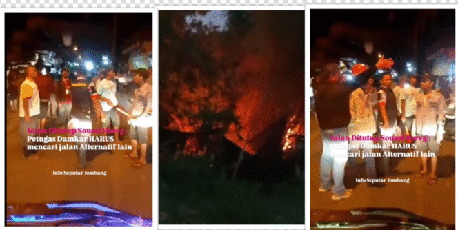 
					Petugas pemadam kebakaran tidak bisa lewat, karena sedang ada acara keramain termasuk menggunakan sound horek, sehingga harus mencari jalur altitid menuju ke lokasi kebakaran kebun Gedangan, dusun Ngudirejo, kecamatan Diwek, Jombang. Sabtu malam 6 September 2025. Foto: tangkap layar video 