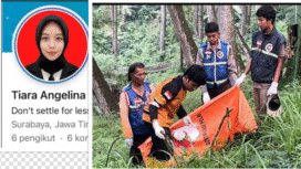 (Kiri) Polisi telah memastikan identitas korban bernama Tiara Angelina Sarawati, 25, warga Made, Lamongan. (Kanan) Petugas kepolisian dan BPBD melakukan evakuasi potongan tubuh korban, di tempat ditemukan tubuh korban Pacet, Mohokerto. Foto: Kolase/ net