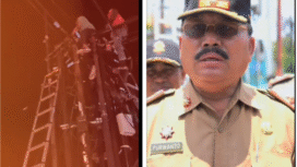 Satpol PP Jombang melanjukkan oerasi penertiban kabel-kabel WIFI yang diianstalasi secara serampangan dan menggangu keselamatan masyarakat. (Kanan) Operasi penertiban Senin, 30 September 2025, hingga pukul 21.00 WIB. (kiri) Asisten I Setkab Jombang, merangkap PLT  Kapala Satpol OO Drs Pureanto. MKP.  Foto: video tiktok@gempoer