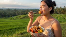 Ilustrasi makan rujak buah, sumber Art AI