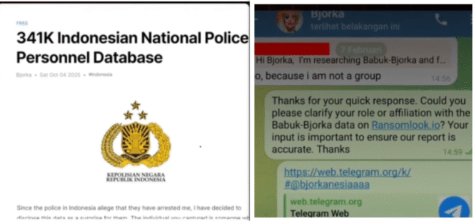 
					Inilah unggahan sanggahan dari akun mengaku sebagai Bjorka, pada tanggal 4 Oktober 2025, situs NetLeaks atas nama “Bjorka” merilis basis data 341.800 personel Polri dalam bentuk CSV (pangkat, nama, unit, nomor HP, email). Instagram@merdekasiber