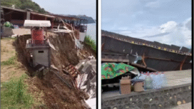 Akibat haujan deras sehari sebelumnya, dua buah bangunan kafe semi permanan di tepi Jalan Lintas Seatan di Pantai Sine, Tulungagung, longsor dan amburk masuk jurang 50 meter, Minggu, 26 Oktober 2025. Foto: Tulungagungmedia