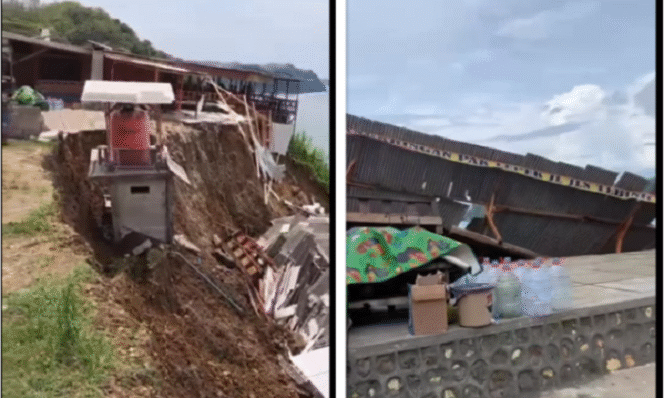 Akibat haujan deras sehari sebelumnya, dua buah bangunan kafe semi permanan di tepi Jalan Lintas Seatan di Pantai Sine, Tulungagung, longsor dan amburk masuk jurang 50 meter, Minggu, 26 Oktober 2025. Foto: Tulungagungmedia