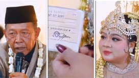 Pernikahan beda usia 40 tahun, terjadi di warga Desa Jeruk, Kecamatan Bandar, Pacitan. Seorang kakek asal Karanganyar, Jawa Tengah, Tarman (74), menikahi Shela Arika (24), dengan mahar seperangkat alat sholat dan cek senilai Rp 3 miliar, pada Rabu malam., 8 Oktober 2025. Ternyata Tarman kabur membawa mtoro milik keluarga Shela Arika. Kasus ini menjadi urusan polisi. Foto: tangkap layar video Instagram@fakta_indo