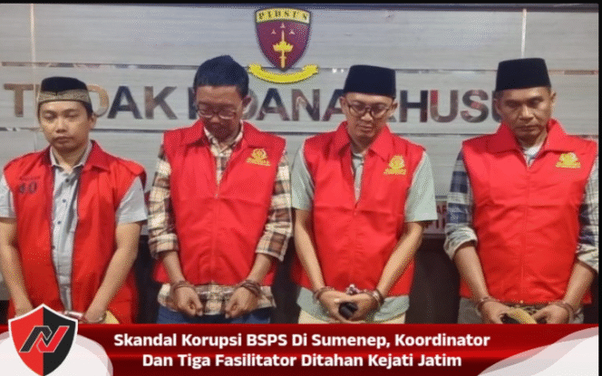 
					Kajati Jawa Timur menangkap dan menahan empat orang tersangka pelaku korupsi dana Bantuan Stimulan Perumahan Swadaya (BSPS) di Kabupaten Sumenep, masing-masing berinisial RP, AAS, WM, dan HW, yang terdiri atas satu orang koordinator kabupaten dan tiga tenaga fasilitator lapangan. Foto: newssatu.com