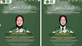 Ucapan bela sungkawan dari UIN SATU Tulungagung kepada keluarga Korban kecelakaan yang berboncengan menggunakan Honda Vario bernopol S 2192 QF adalah Faizatur Magfiroh (22 tahun) dan Zahrotun Masudah (22 tahun), keduanya warga Desa Sumberjo, Megaluh, Jombang. Foto: UIN SATU