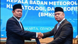 Menteri Perhubungan Menteri Perhubungan RI, Dudy Purwagandhi melantik Prof Teuku Faisal Fathani menjadi kepala BMKG, Senin 3 November 2025, menggantikan Prof Prof. Ir. Dwikorita Karnawati, Foto: BMKG