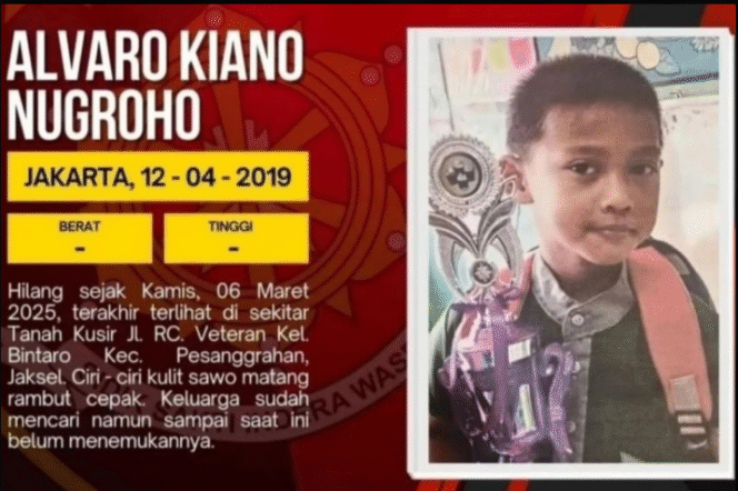 
					Setel;ah delapan bulan berjibaku, akhirnya aparat kepolisian berhasil menemukan keberadaan bocah Alvaro Kiano Nugoroh, 6, dalam keadaan sudah meninggal dunia, Minggu 23 Novermber 2025. Foto: Istimewa