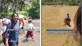 Puluhan siswa SD di Maluku sampai saat kesulitan pergi belajar, karena harus melewati dua sungai. Mereka harus dibanrtu dengan menggendong menyeberangi sungai, agar sragam tidak bawah. Foto: Tangkap layar cideo Instagram@hitampuytih_daily