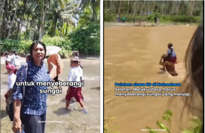 
					Puluhan siswa SD di Maluku sampai saat kesulitan pergi belajar, karena harus melewati dua sungai. Mereka harus dibanrtu dengan menggendong menyeberangi sungai, agar sragam tidak bawah. Foto: Tangkap layar cideo Instagram@hitampuytih_daily