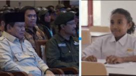 (Kiri) Presiden Prabowo Subianto tapak tercenung mendengarkan curahan hati Sofia Rosrita Angle (Kanan), dalam acara pembekalan guiru nasional Sekolah rakyat di Jakarta. Foto: Kolase Istimewa