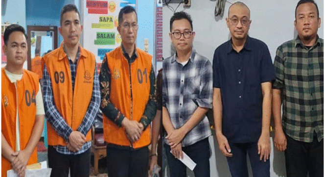 
					Mereka enam orang tersangka sebagian pegawai Bank Sumsel-Babel, yang secara bersama Erwan Jadi, mantan Pemimpin Cabang Bank Sumsel Babel periode April 2022 sampai Juli 2024. Foto: Ist