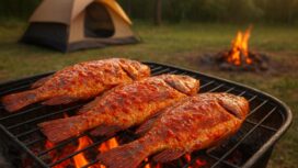 Ilustrasi suasana bumi perkemahan dengan kegiatan membuat ikan bakar. (copilot.AI)