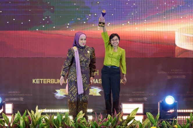 
					Foto:Istimewa
Senior Manager of External Communication SIG, Novi Maryanti (kanan) mengangkat trofi Predikat Informatif dari KIP pada ajang Anugerah Keterbukaan Informasi Publik dan Peluncuran Indeks Keterbukaan Informasi Publik Tahun 2025 di Hotel Bidakara, Jakarta.