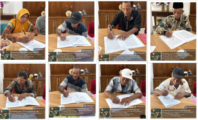 
					Delapan warga telah membubuhkan tanda tangan Akte Jual Beli (AJB) tanah untuk lokasi pembangunan Sekolah Rakyat di Tunggorono, Jombang. Mereka telahj menandantangani akte di kantor Notaris Cuti iriani SJ, M.Kn. Foto: Kredonews.com/ elok apriyanto