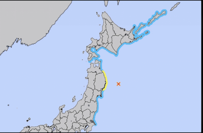 
					Peta wilayah guncangan gempa besar di Jepang, Senin malam, waktu setempat berkekuatan magneudo 7.5, 8 Desember 2025. Foto: JMA