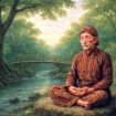 Ilustrasi sosok lelaki guru spiritual sedang meditasi di tempat sunyi. (Gambar AI. Co Pilot)